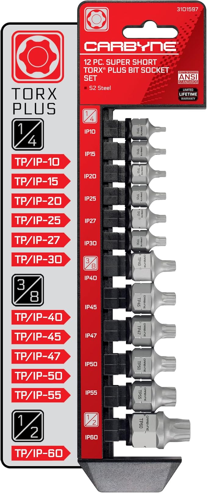 CARBYNE 12-Piece Torx Plus Stubby Low Profile Bit Socket Set, TP10/IP10 to TP60/IP60, S2 Steel, Dual Drive Internal Square and External Hex for Tight Spaces, Genuine Licensed Torx Plus