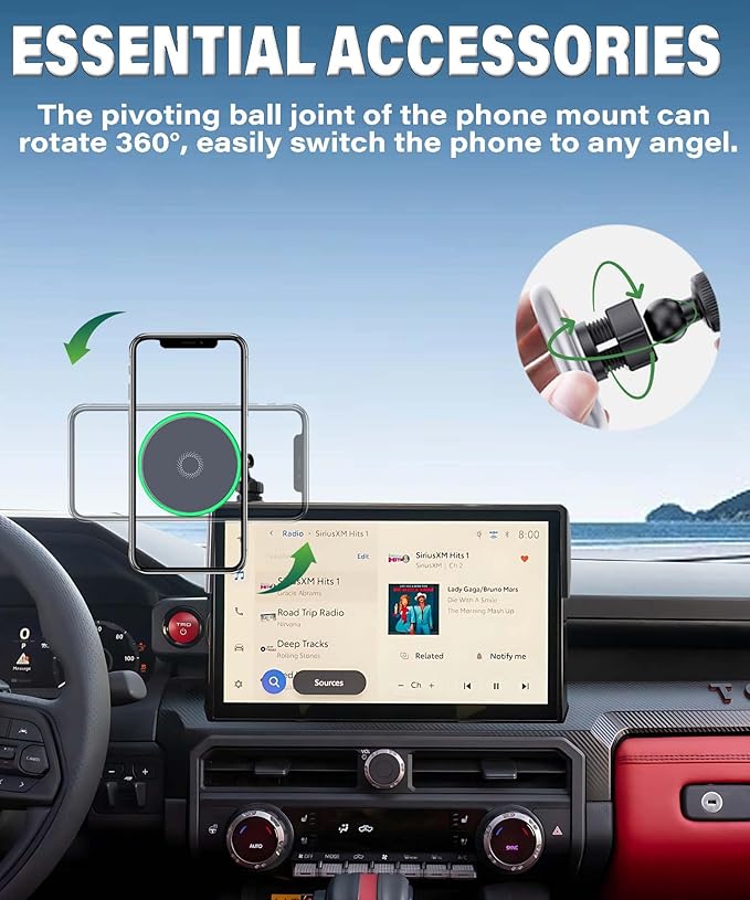 Car Phone Holder for Toyota Tacoma 2024 2025/4Runner 2025 Accessories Apply to 14 Inch Touchscreen 15W Fast Wireless Charger Screen Fixed Clip Cell Phone Mount with Dashboard Storage Tray