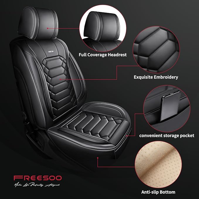 FREESOO for Silverado 2014-2018 2 Front Seat Covers, Fit for Chevy Silverado GMC Sierra 1500 2500 3500 Crew Cab Waterproof Truck Seat Covers Black