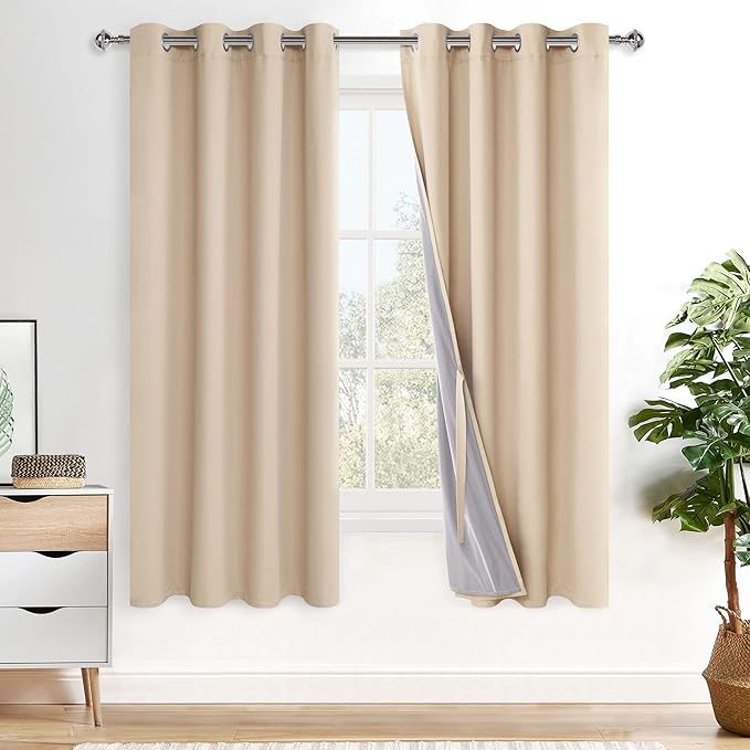 XWZO 100% Blackout Window Curtains with Tiebacks- Privacy Protection & Noise Blocking Window Draperies Grommet Top with Black Liner for Bedroom/Living Room, Biscotti Beige, W52 x L72, Set of 2 Panels