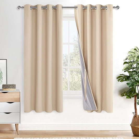 XWZO 100% Blackout Curtain Panels - Thermal Insulated Black Liner Curtains, Noise Reducing and Heat Blocking Drapes for Hall and Studio Windows with Tiebacks, Biscotti Beige, W52 x L63, Set of 2