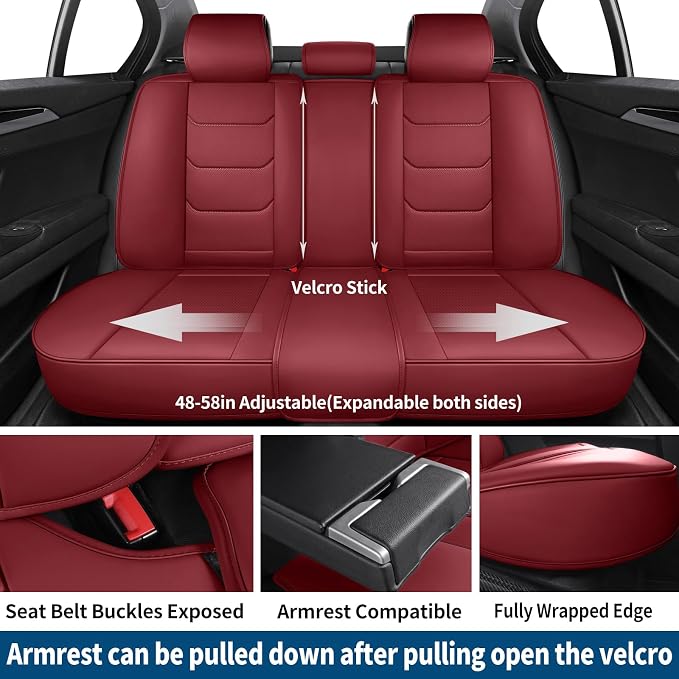 Red Leather Car Seat Covers Full Set Breathable Seat Protectors Waterproof Automotive Seat Covers Universal Fit for Most Cars SUVs Trucks Vehicles