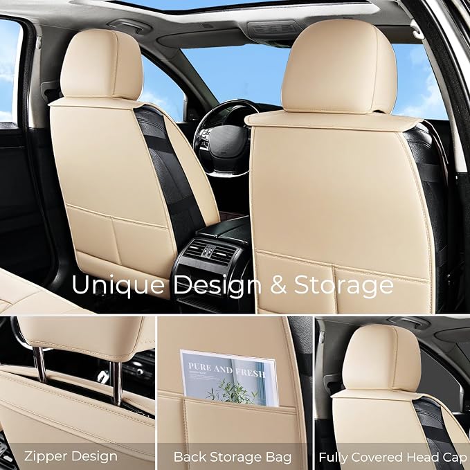 Huidasource Beige Car Seat Covers Front Seats, Front Seat Cover for Cars, Nappa Leather Automotive Car Seat Cushion Protector Universal Fit for Most Cars,Vans,Trucks, SUVs (Front Pair/Beige)