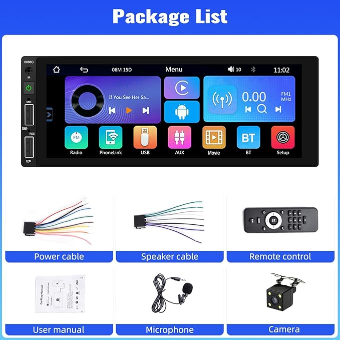 【EQ+5.1-Bluetooth】 Single Din Car Stereo Radio Receiver with A-pple CarPlay Andriod Auto GPS，6.9“ HD Touch Screen 1 din Car MP5 Player FM Radio Mirror Link USB Fast Charge Media Player Backup Cam
