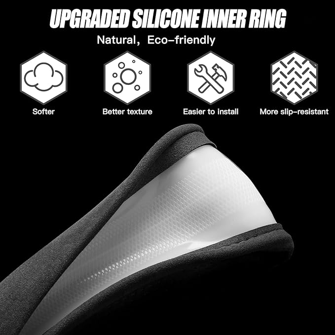 Suede Steering Wheel Cover with Upgraded Silicone Inner Ring, Anti Heat, Breathable, Anti-Slip, Leather Universal 14.5 to 15 inch Steering Wheel Cover (Pure Black)