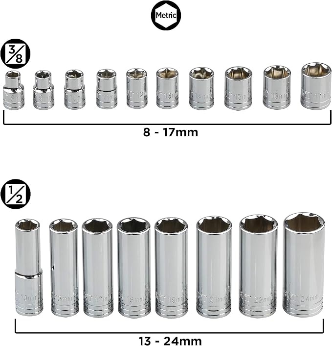 K304 Deep Combination Socket Set, 3/8-Inch & 1/2-Inch Drive, SAE/Metric, 45-Piece