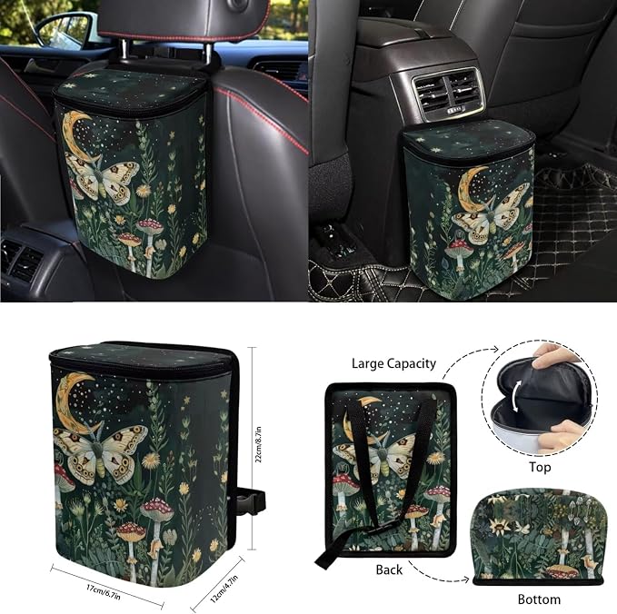 Moon Mushroom Moth Car Seat Covers Full Set for Women Retro Car Accessories Seat Cover with Steering Wheel Cover Seatbelt Pad Coasters Garbage Bag Car Headrest Pillow Covers Armrest Pad