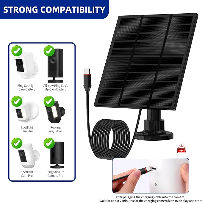Solar Panels for Ring Camera Outdoor (New Generation) 5W 5V Solar Panel Charger with USB-C&Plug for Spotlight Cam Plus&Stick Up Cam Pro.Waterproof IP65 360°Adjustable 10FT Cable (Black, 2)