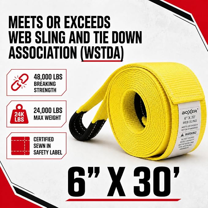 BoxerTool BXT Recovery Tow Straps 6" X 30' - 48,000LBS - Heavy Duty Reinforced Loops Emergency Off Road Towing Rope and Winch Extension - Box Truck - Commercial Vehicle - Off Road