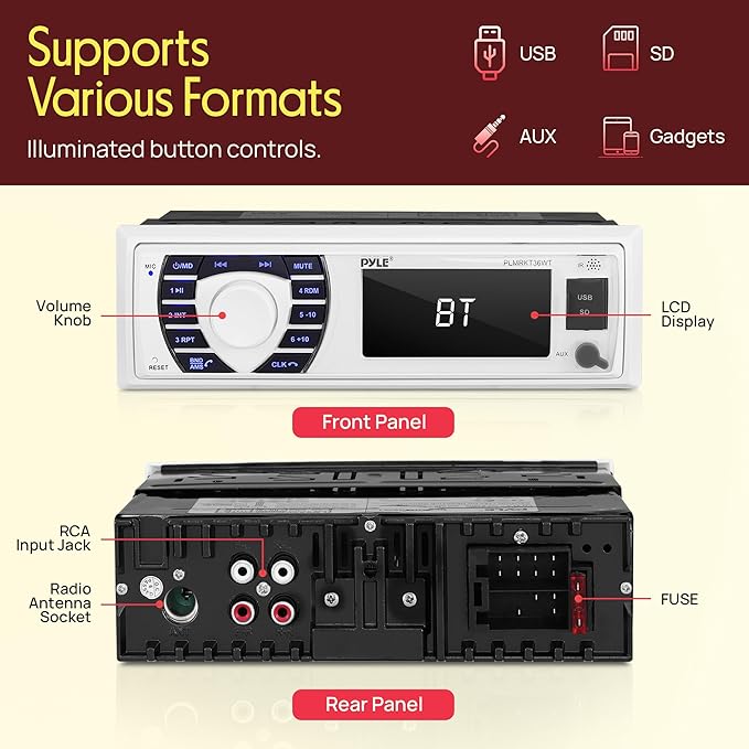 Pyle Marine Receiver & Speaker Kit - In-Dash LCD Digital Stereo Built-in Bluetooth & Microphone w/ AM FM Radio System 5.25’’ Waterproof Speakers (2) MP3/USB/SD Readers & Remote Control - PLMRKT36WT