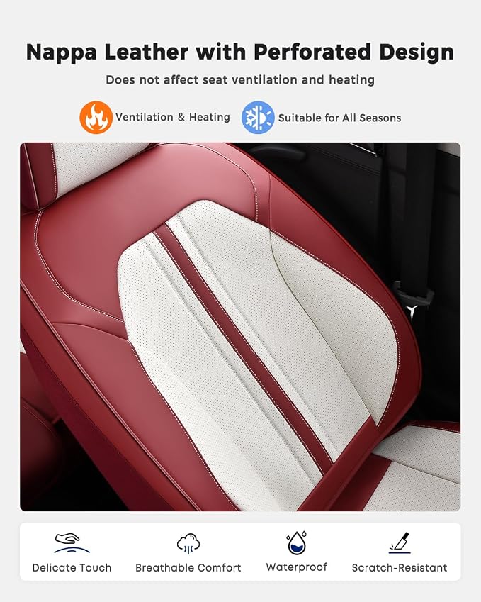 Huidasource Red White Front Seat Cover, Luxury Faux Leather Front Car Seat Cover Front Seats, Compatible with Airbags, Cooling＆Heating, Universal Fit for Most Cars, Vans, Trucks, SUVs, Red＆White
