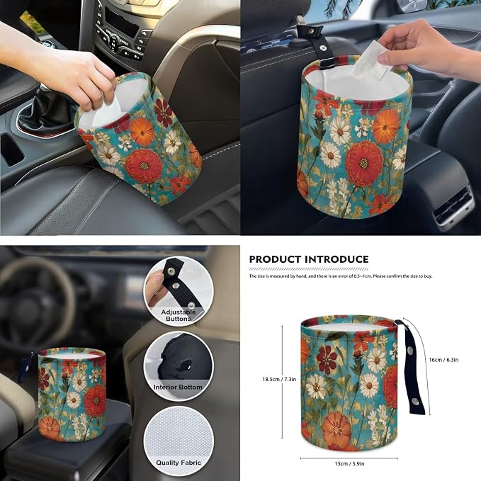 Colorful Flower 15 PCS Car Seat Cover Set with Auto Steering Wheel Cover Seat Belt Strap Protector Cup Holder Trash Bag Rear View Mirror Protector Keychain
