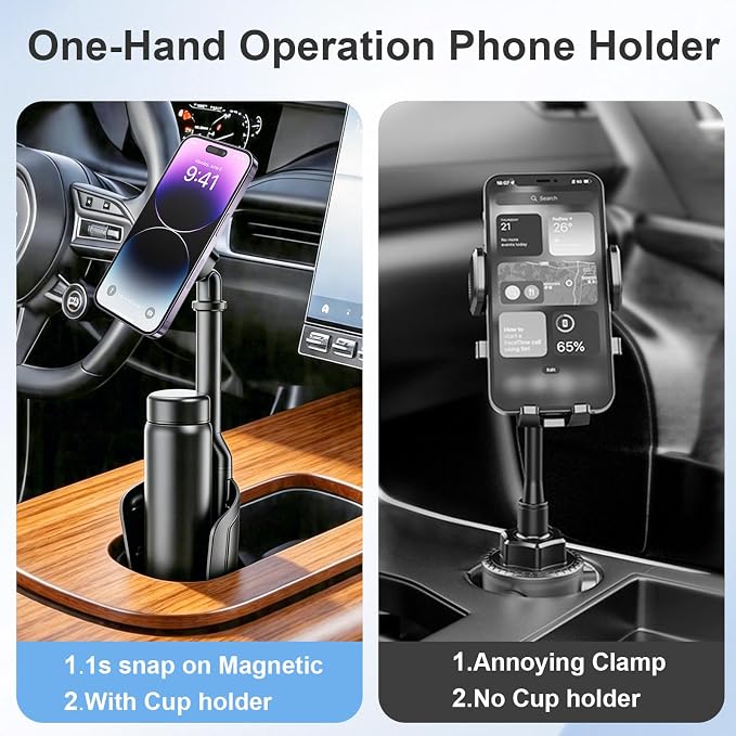 LenTok Magnetic Cup Holder Phone Mount for Car, 2 in 1 One-Hand Operation Adjustable Vehicle Cupholder Expander Phone Holder, Compatible with iPhone Android Smartphones