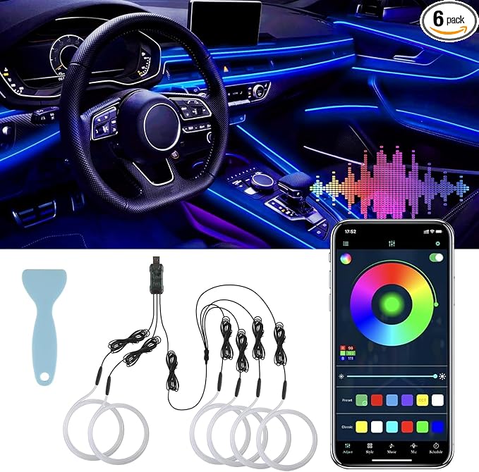 LivTee Smart LED Car Lights Interior with USB Port, LED Strip Fiber Optic Ambient Lighting Car, Wireless App Control, Sync to Music, Car Decorations Interior Accessories Gifts for Women Men, 6 in 1