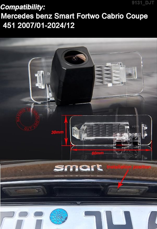 1280 * 720 Pixel Car Backup Camera Replacement for Mercedes Benz Smart Fortwo Cabrio Coupe 451 2007/01-2024/12 Waterproof Night Vision Reverse Waterproof Night Vision Reverse Parking Vehicle Camera