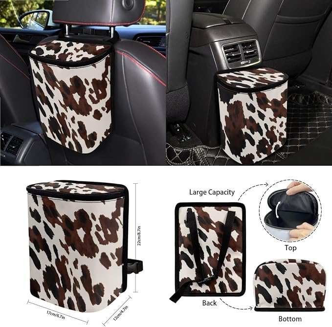 Wanyint Black Brown Cow Print 15 Pieces Car Seat Cover Set with Auto Steering Wheel Cover Seat Belt Strap Protector Cup Holder Trash Bag Air Vent Storage Pocket Rear View Mirror Protector Keychain