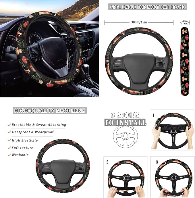 Hippie Mushroom Car Seat Cover for Women 12Pcs Cottagecore Mushroom Steering Wheel Cover Seatbelt Pads Armrest Pad Mushrooms Coaster Keychain Universal Fit