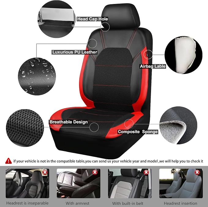 CAR PASS Faux Leather Car Seat Covers Full Sets, Steering Wheel Cover 14.5-15inch and Waterproof Car Floor Mats,Universal Fit SUV Sedan Van Truck, Automotive Car Interior Sets(Black＆Red)