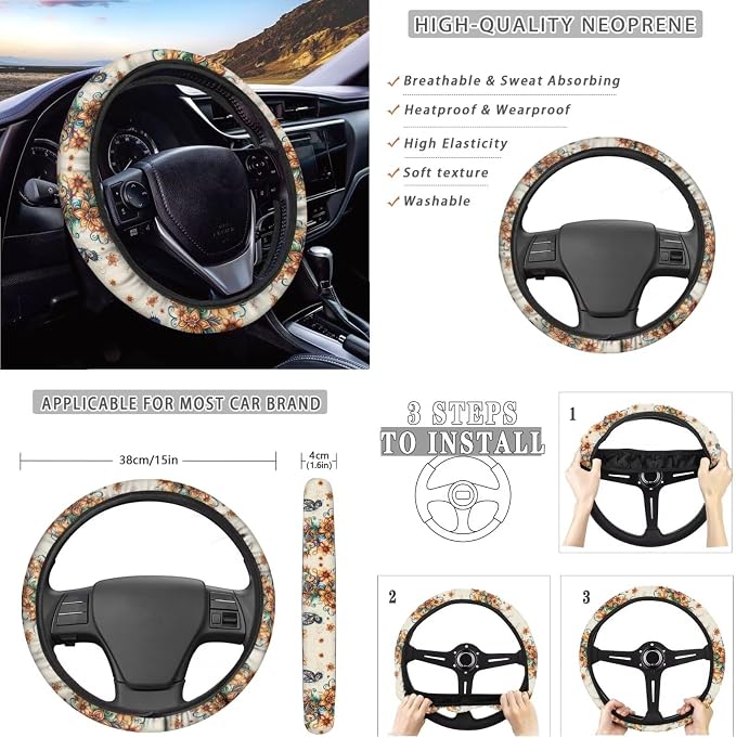 Xoenoiee Butterfly Bohemian Mandala Print 11 Pcs Car Accessories Seat Cover Full Set, Steering Wheel Cover, Front & Rear Seat Cover, Seat Belt Pads, Cup Coaster, Key Chains - Universal Fit