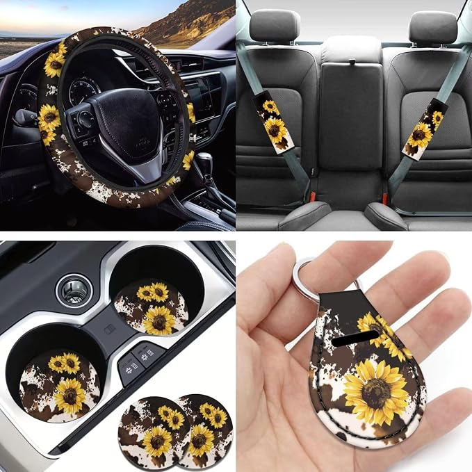 Cow Sunflower Seat Covers for Women,11pcs Cow Car Seat Covers Accessory Full Set Interior Decor,with Cow Keychain,Steering Wheel Cover,Seat Belt Pads,Cup Holder Mats Universal Fit