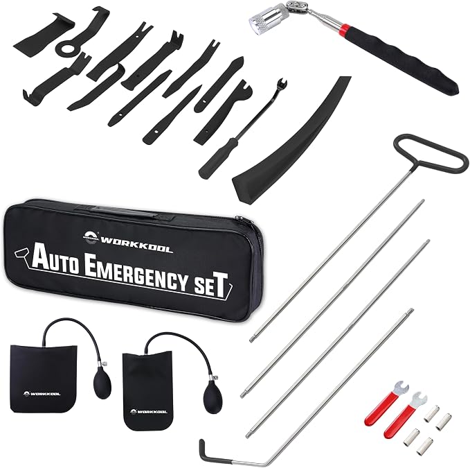 WORKKOOL 26PCS Car Tool Kit with Stainless Steel Assorted 5th Wheel Pin Puller,68 inches Long Distance Puller Hook, Air Wedge and Magnetic Pickup Tool with Flashlight