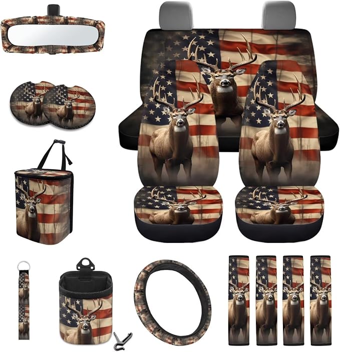 American Flag Deer Print Car Seat Cover Full Set 15 Pcs with Steering Wheel Cover Seat Belt Pads Cup Coasters Trash Bag Air Vent Case Rearview Mirror Cover Keychain Auto Accessories