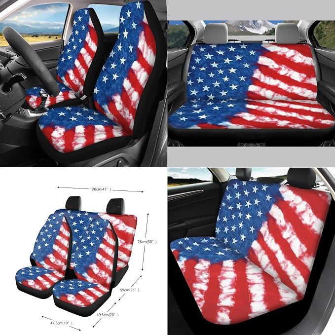 American Flag Pattern Car Accessories Set of 15, Full Set Seat Covers for Cars Steering Wheel Cover Seat Belt Cushion Car Trash Can Air Vent Storage Bag Cup Coasters Universal Fit