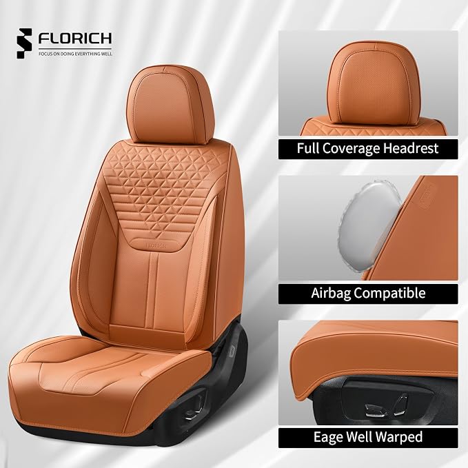 FLORICH Car Seat Covers for Front Seats, Universal Seat Cushion 2 Seats, Car Seat Protector Waterproof, Premium Leather Automotive Seat Covers for Most Cars, Sedans, SUVs, and Trucks-Brown