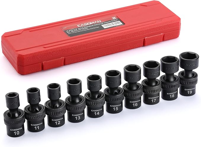 CASOMAN 10 PCS 3/8" Drive Standard Universal Impact Socket Set, 6 Point, CR-MO, Metric,10-19mm