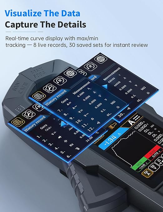 FNIRSI DMC-100 Digital Clamp Meter Multimeter 9999 Counts TRMS, 600A Curve Recording Rechargeable Amp Meter, Measures NCV, AC/DC Voltage Current, Continuity Capacitance Diode Resistance, Temperature