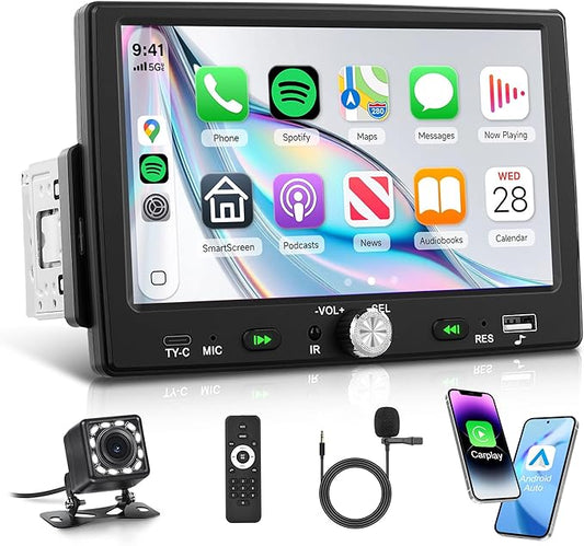 7 inch Single Din Car Stereo Wirelsss Carplay Android Auto, 1 Din Radio HD 1024×600 Touch Screen Radio Bluetooth 5.0, Mirror Link SWC FM EQ, USB Type-C, Car Stereo Receiver