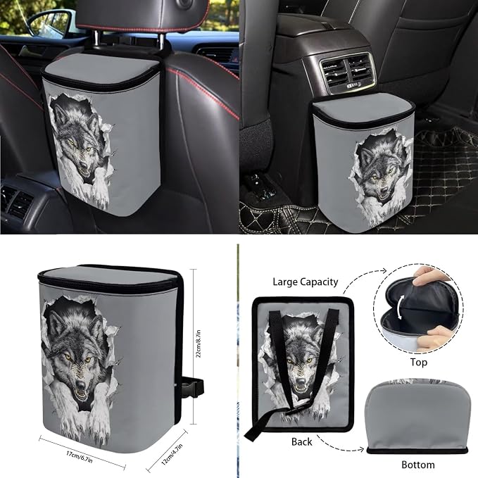 Wolf Grey Pattern Car Accessories Set 10 Pack Car Seat Covers Car Trash Can Steering Wheel Cover Auto Air Vent Storage Bag Coasters Keychain Universal Fit for SUV Van Truck