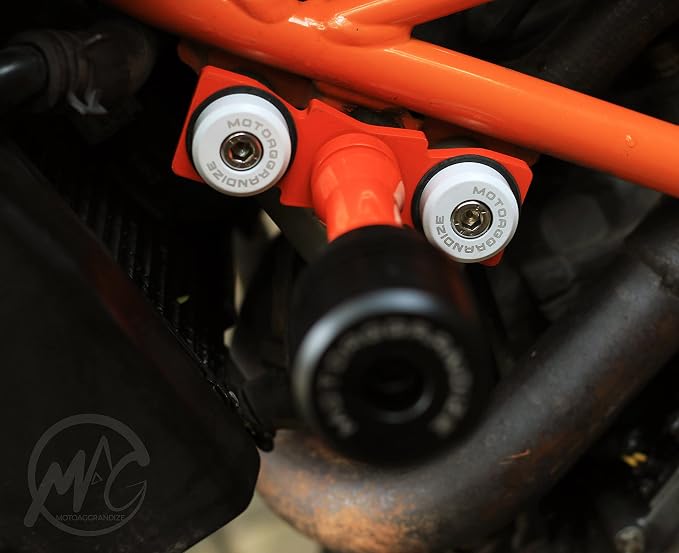 Motoaggrandize Frame Sliders | Crash Protectors for KTM Duke 125 | 160 | 200 | 250 | 390 [Gen 1 and Gen 2 only] | Colour: Orange | White