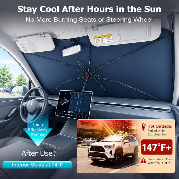 2026 Upgraded DooGooCoo Windshield Sun Shade Umbrella for Car, Reinforced Frame, UV Block Heat Shield, Keeps Interior Cooler, Foldable Front Windshield Cover, Medium 57" x 32"