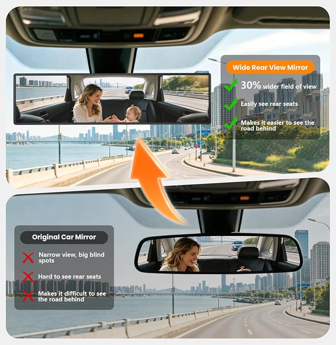 Rear View Mirror, 11.81 Inch Universal Panoramic Clear Rear Mirrors Convex Car Interior Clip on Extra Big Wide Angle Rearview Mirror Extender to Reduce Blind Spot for Car SUV Pickup Trucks