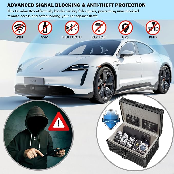 Faraday Box for Car Keys, Car Key Fob Signal Blocker RFID Blocking Protector, Secure Anti-Theft Shielding Cage for Keyless Entry (Black Dot Matrix)