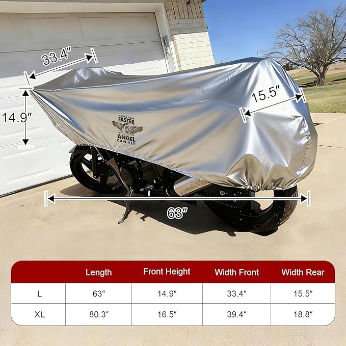 Dream Apparel Motorcycle Half Cover, Waterproof Motorcycle Cover for Outdoor, Rain Snow Dust Protection Universal Fit Heavy Duty Motorbike Vehicle Cover with Storage Bag, Silver with Wing Wheel L
