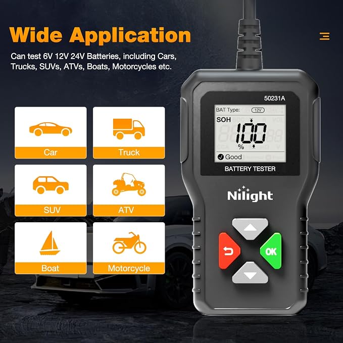 Nilight Car Battery Tester 6V 12V 24V Accurate Digital Auto Analyzer 100-2000 CCA Voltage SOH SOC Internal Resistance Test for Cars Trucks SUV ATV Boats Motorcycles Vehicle