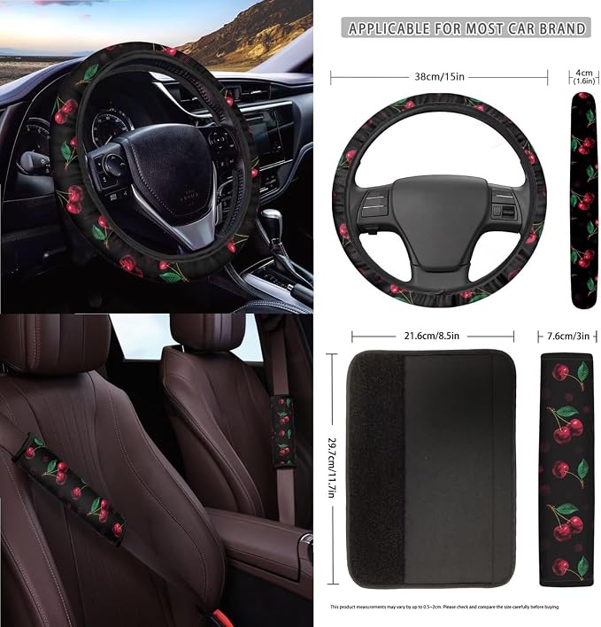 Cherry Print Car Seat Cover Set of 15, Decorative Front Back Seat Covers Steering Wheel Cover Safety Belt Pads Garbage Bag Car Air Vent Storage Bag Cup Mats, Easy to Install