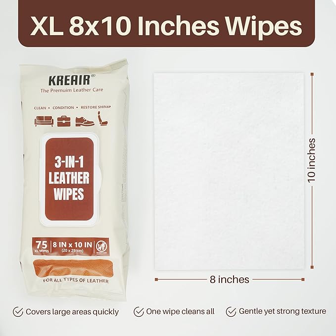 3in1 Leather Wipes 75 XL Count, Clean, Condition & Restore Shine, Extra-Large 8"x10" Wipes for Car Seats, Shoes, Furniture & Bags, Thick, Durable & Non-Linting, Safe for All Leather Types