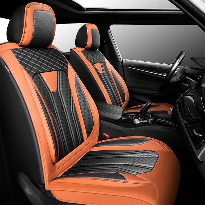 Fit Wrangler Car Seat Covers Premium Leather for Jeep Wrangler 2011-2025 2026. Waterproof，Anti-Slip, Scratch-Resistant & All-Weather Seat Cushion Protector (2 Front Seat, Orange&Black)