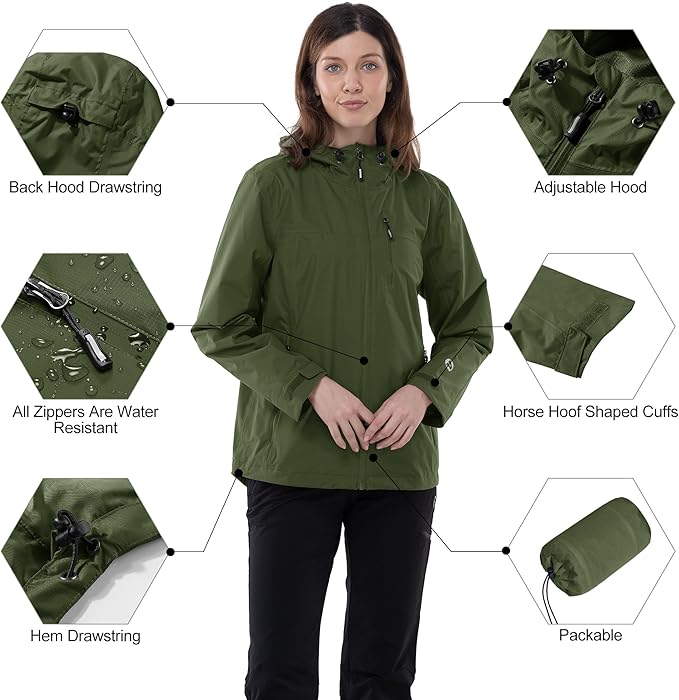 Outdoor Ventures Packable Rain Jacket Women Lightweight Waterproof Raincoat with Hood Cycling Bike Jacket