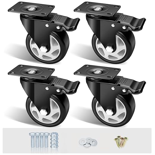4" Swivel Plate Casters, 1200Lbs Capacity with Brake | Black, 4-Pack, PU Wheels, Double Ball Bearings, Quiet & Non-Marking, for Workbenches & Carts