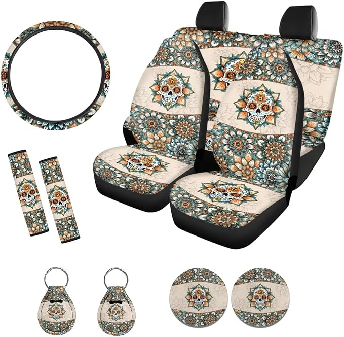 Suobstales Boho Mandala Sugar Skull Print Car Accessories with Car Front Rear Split Seat Covers, Seat Belt Pads + Steering Wheel Cover + Coaster + Keyrings for Women Men Set of 11-Pcs