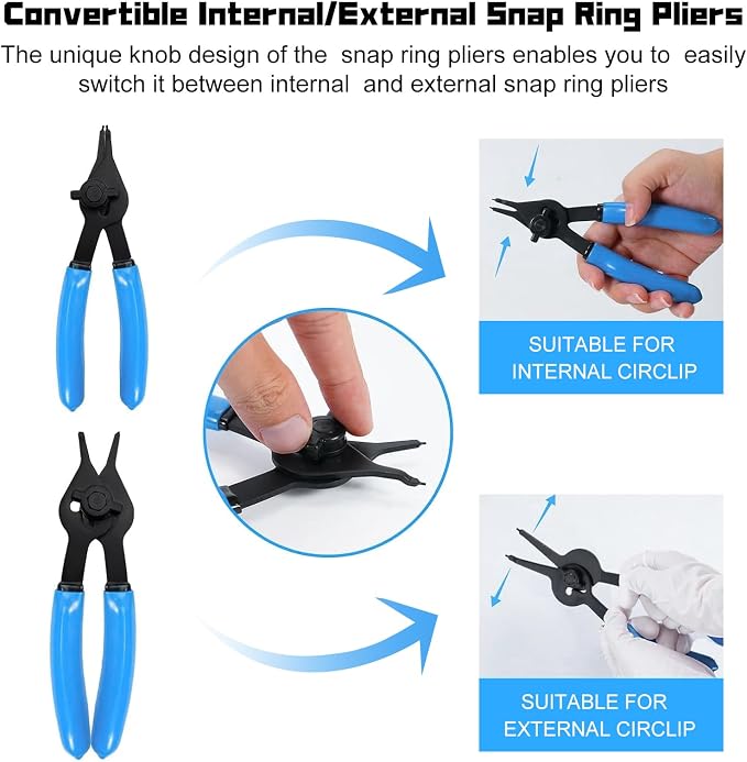 12-Piece Heavy Duty Convertible Retaining Ring Pliers Set, Internal/External Snap Ring Pliers with 4 Fixed Tip Sizes (0.038in-0.090in) for Automotive & Machinery Maintenance
