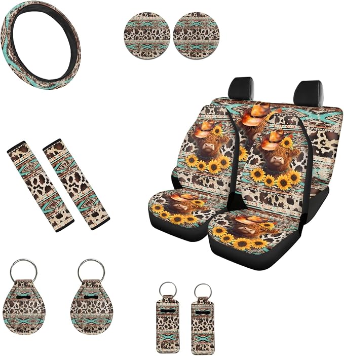 INSTANTARTS Aztec Highland Cow 13 Piece Seat Cover Set - Universal Car, Steering Wheel, Seat Belt, Coaster & Keychain Covers - Washable Auto Accessories - Sunflower Cow Tattoo
