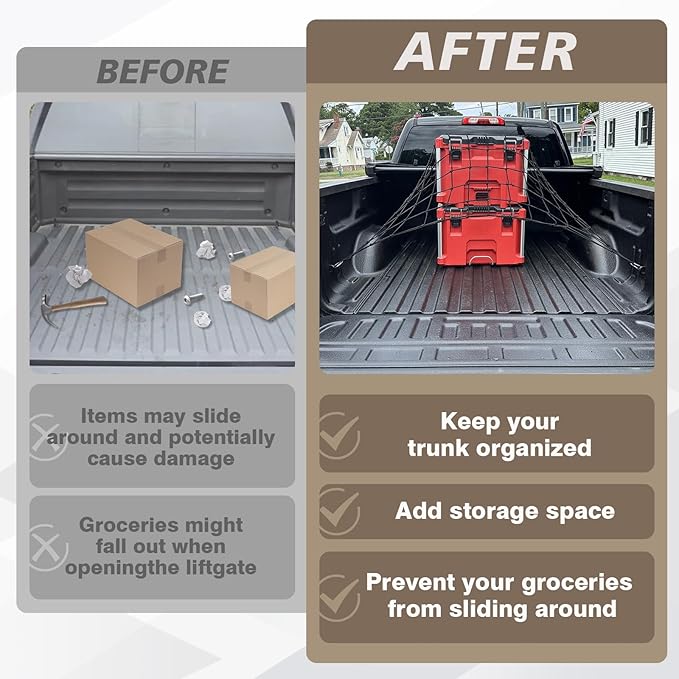 Muslogy Truck Bed Cargo Net Trunk Netting Compatible with Pickup Bed Stretchable 4'x6' to 8'x12' Accessories, Pickup Cargo Organizer SUV Sedan Storage Net w/Heavy Duty Carabiners