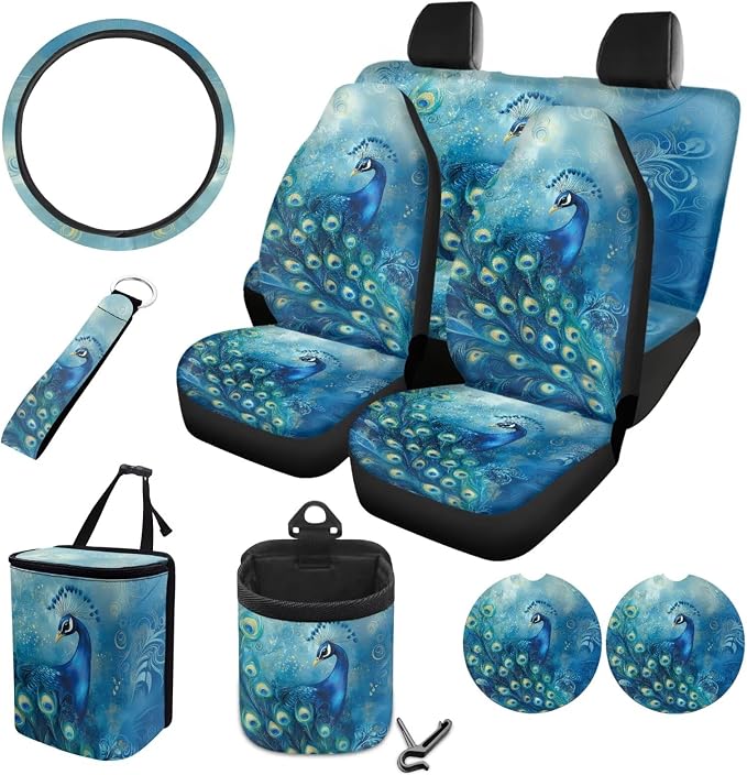 Peacock Floral Print 10 Pcs Car Seat Covers Full Sets, 1 Steering Wheel Cover, 4 Front Rear Seat Covers, 1 Vehicle Garbage Can, 1 Car Air Vent Storage Bag, 2 Cup Coasters, 1 Keychain
