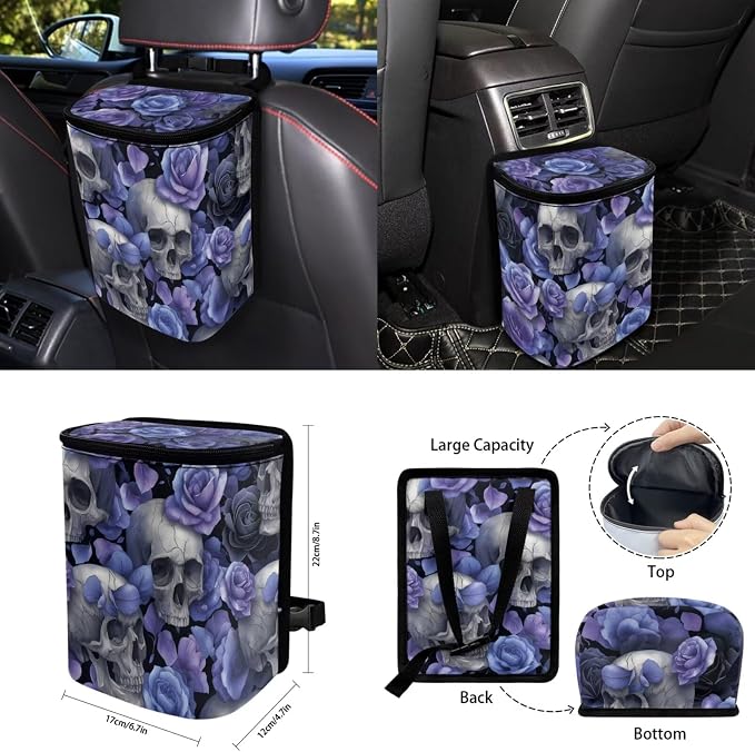 15 Pcs Light Purple Skull Car Seat Covers Full Set for Women Goth Accessories Interior Car Steering Wheel Cover Seatbelt Covers Trash Bin Rear View Mirror Cover Cup Holders Keychain