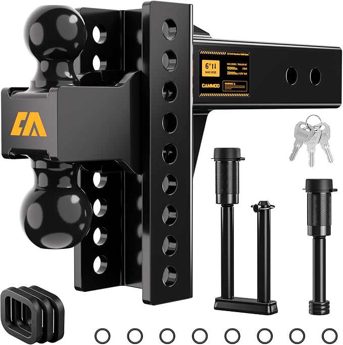 CAMMOO Adjustable Trailer Hitch, Tow Hitch Fits 2.5 inch Receiver, 6 inch Rise/Drop Hitch, 2" and 2-5/16" Ball Hitch, 22000 LBS GTW Truck Hitch with U-Shaped Alloy Steel Anti-Theft Pin, Black
